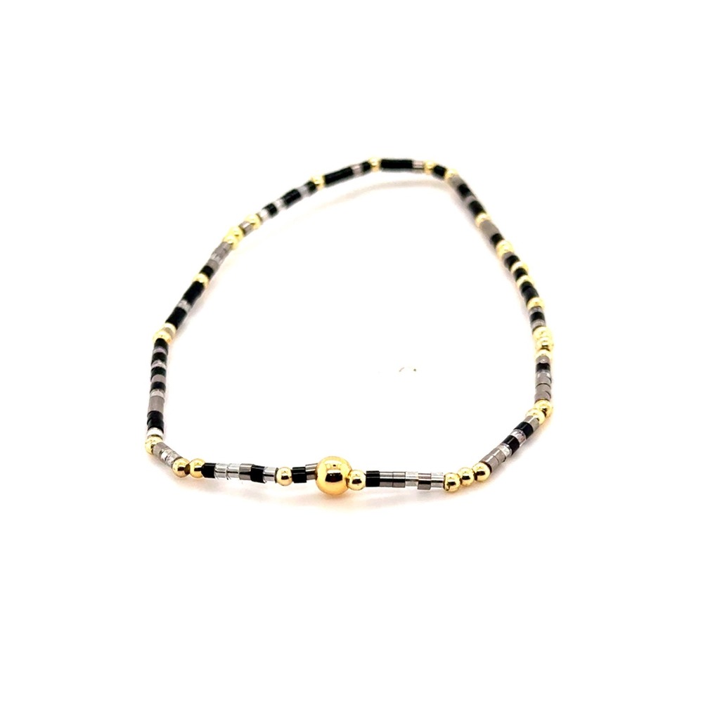 Enewton Beaded Stretch Bracelet Black Silver Gold Tone Stacking Jewelry 6.5in